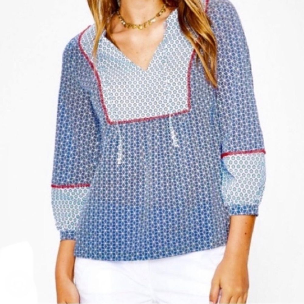 Boden Cora Blue with Star Print 3/4 Sleeve Blouse Cottagecore